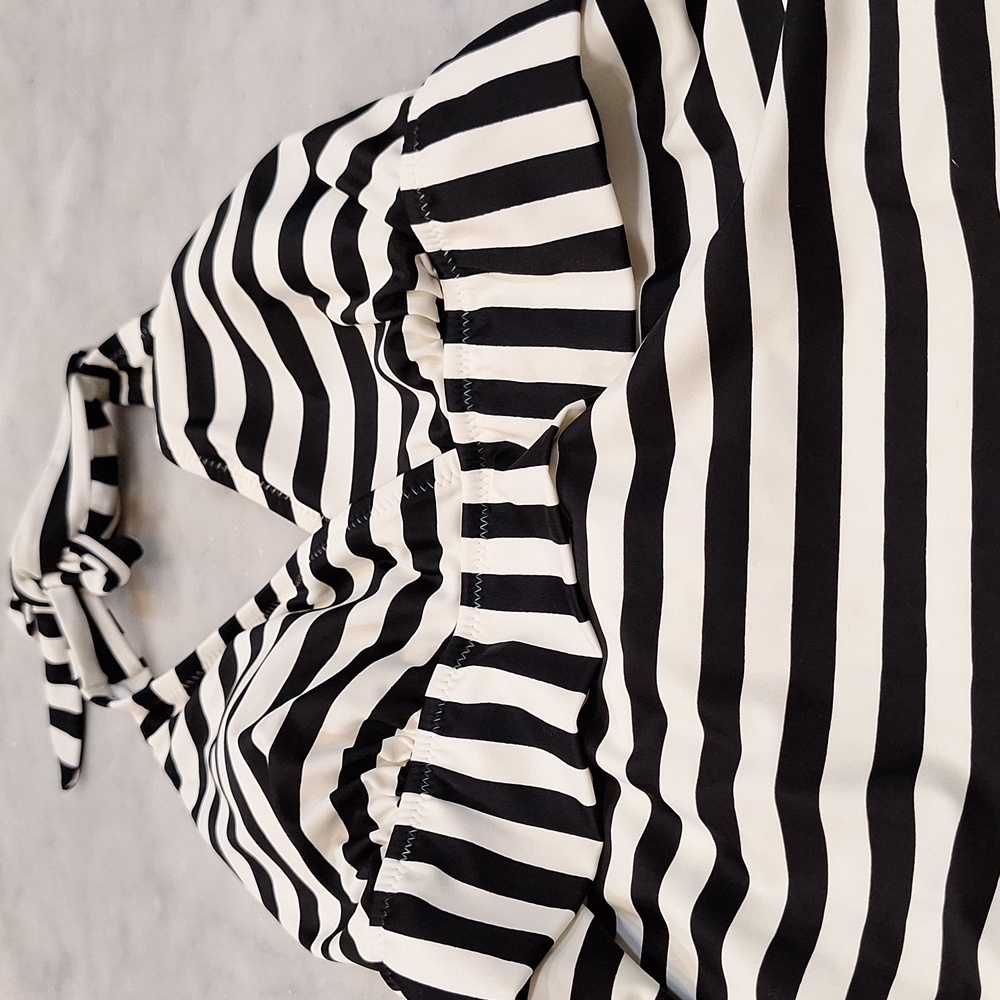 New Motherhood Maternity One Piece Striped Black White Ruffle Tie Top Medium